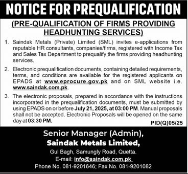 Saindak Metals Limited Quetta Tender Notice